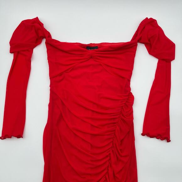 Majorelle | Elise Cherry Red Mesh Ruched Off Shoulder Midi Dress S - Picture 4 of 16